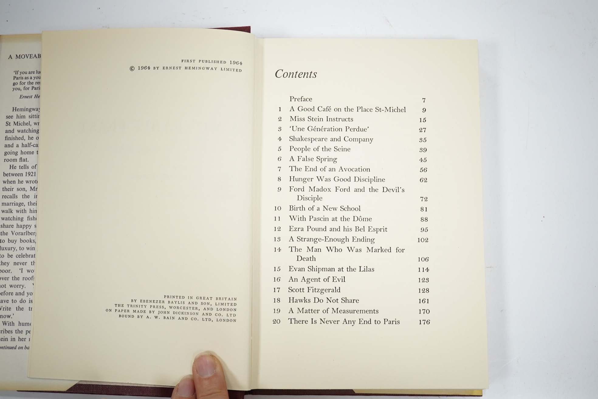 Hemingway, Ernest - A Moveable Feast. 1st English Edition. half title; publisher's cloth and d/wrapper, decorated e/ps. Jonathan Cape, 1964